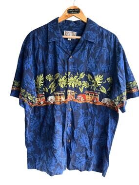 Kalaheo Men's Vintage Hawaiian Shirt Classic Cars Leaf Print Blue Size Large